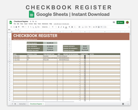 Google Sheets - Checkbook Register - Earthy