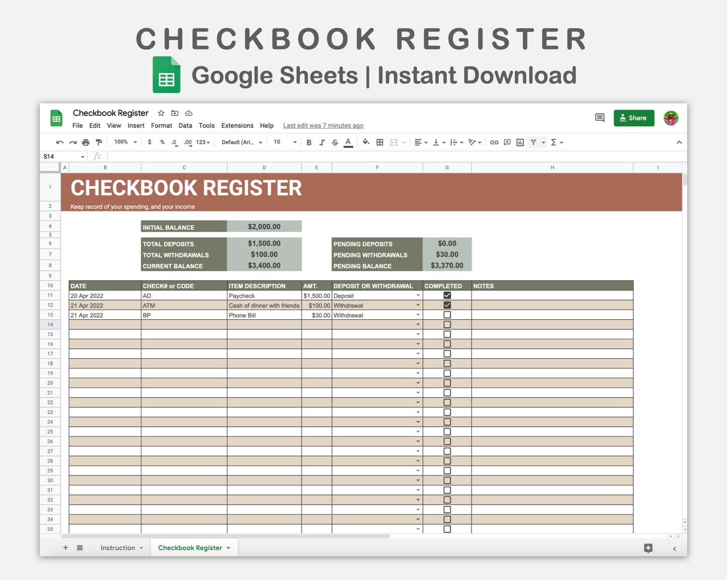 Google Sheets - Checkbook Register - Earthy