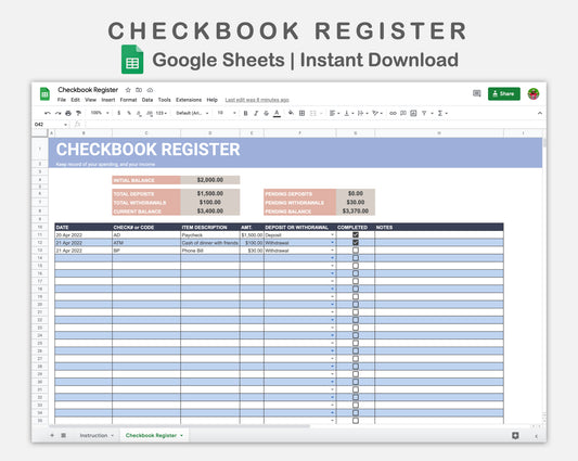 Google Sheets - Checkbook Register - Sweet