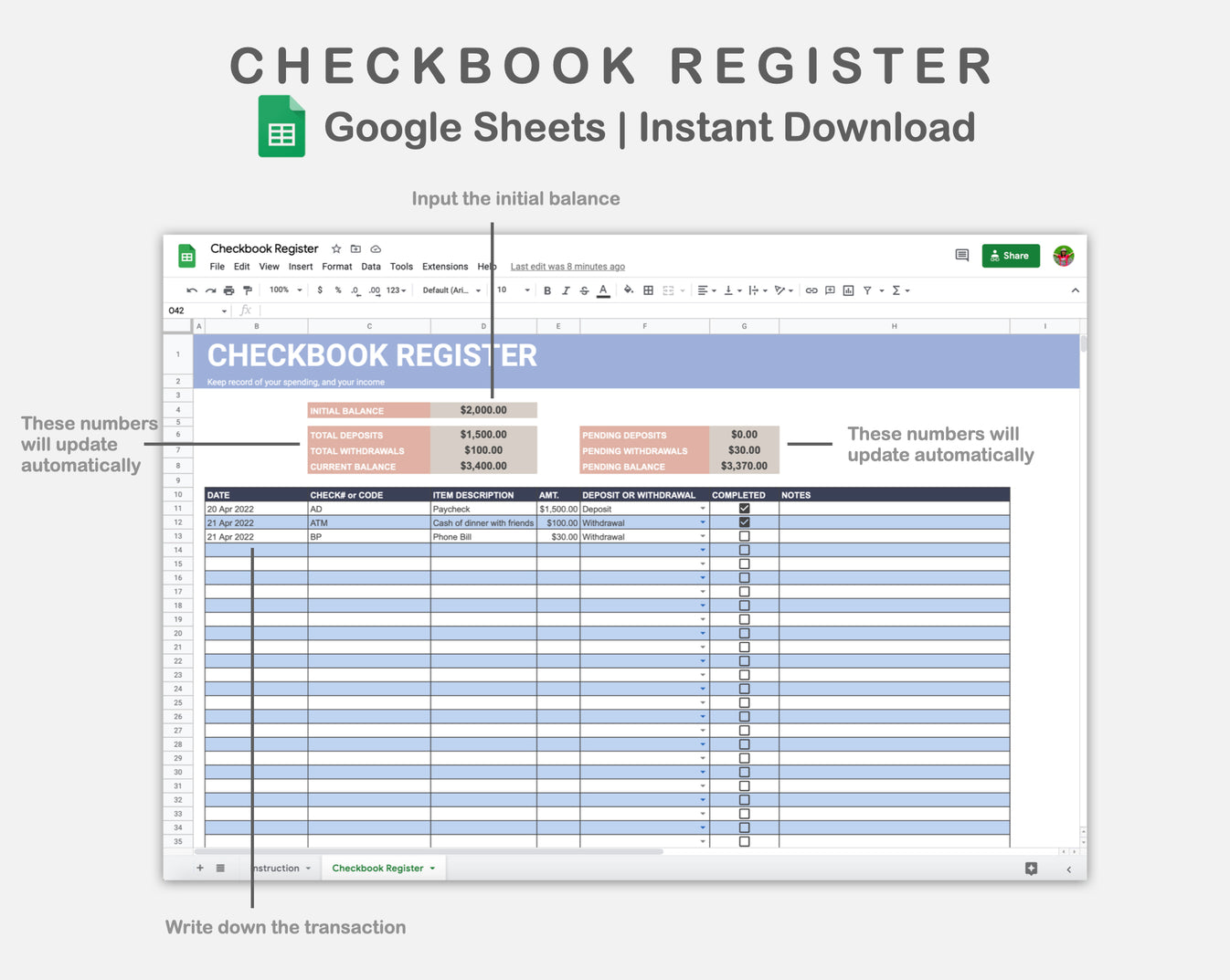 Google Sheets Checkbook Register Sweet kjunstudio