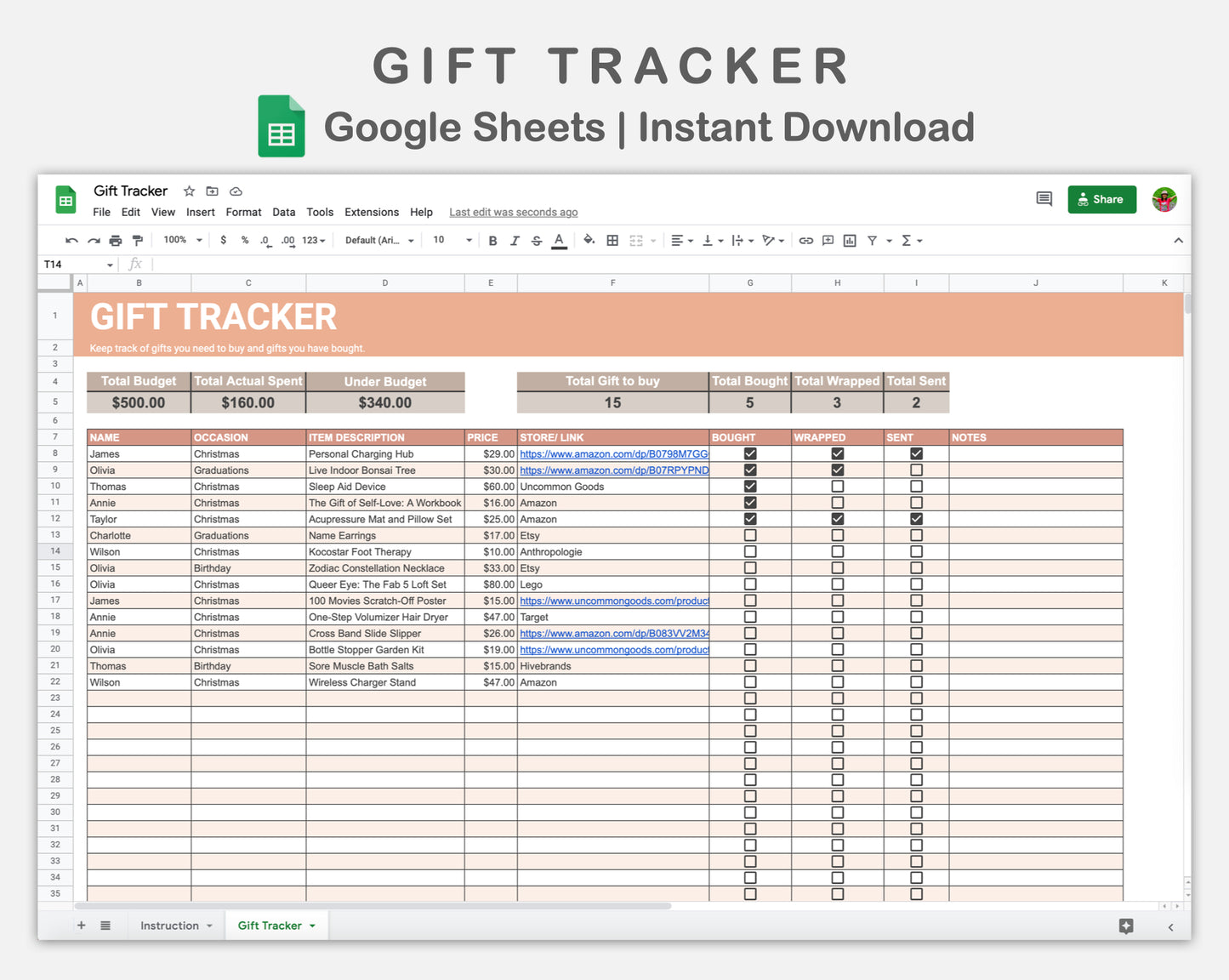 Google Sheets - Gift Tracker - Neutral
