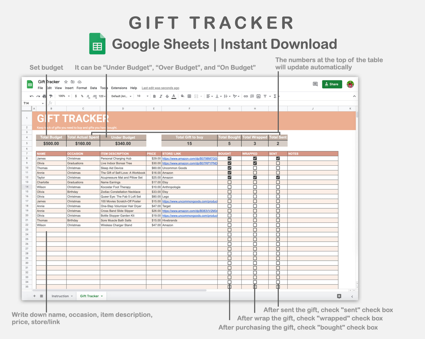 Google Sheets - Gift Tracker - Neutral