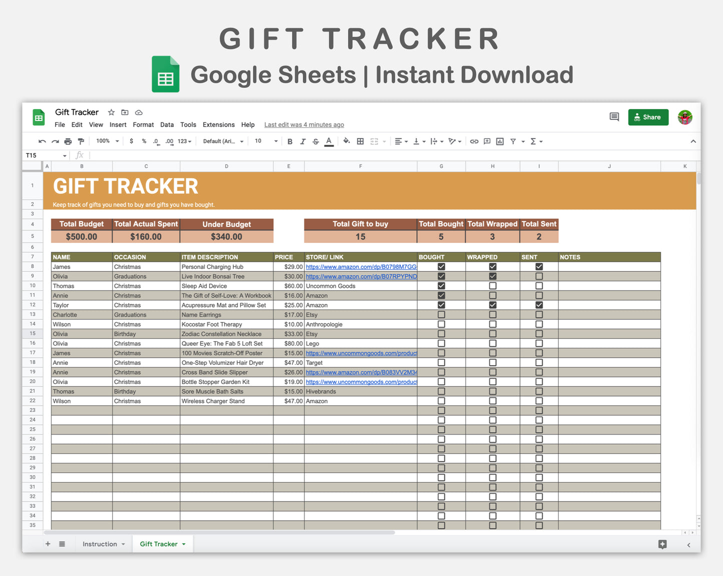 Google Sheets - Gift Tracker - Boho