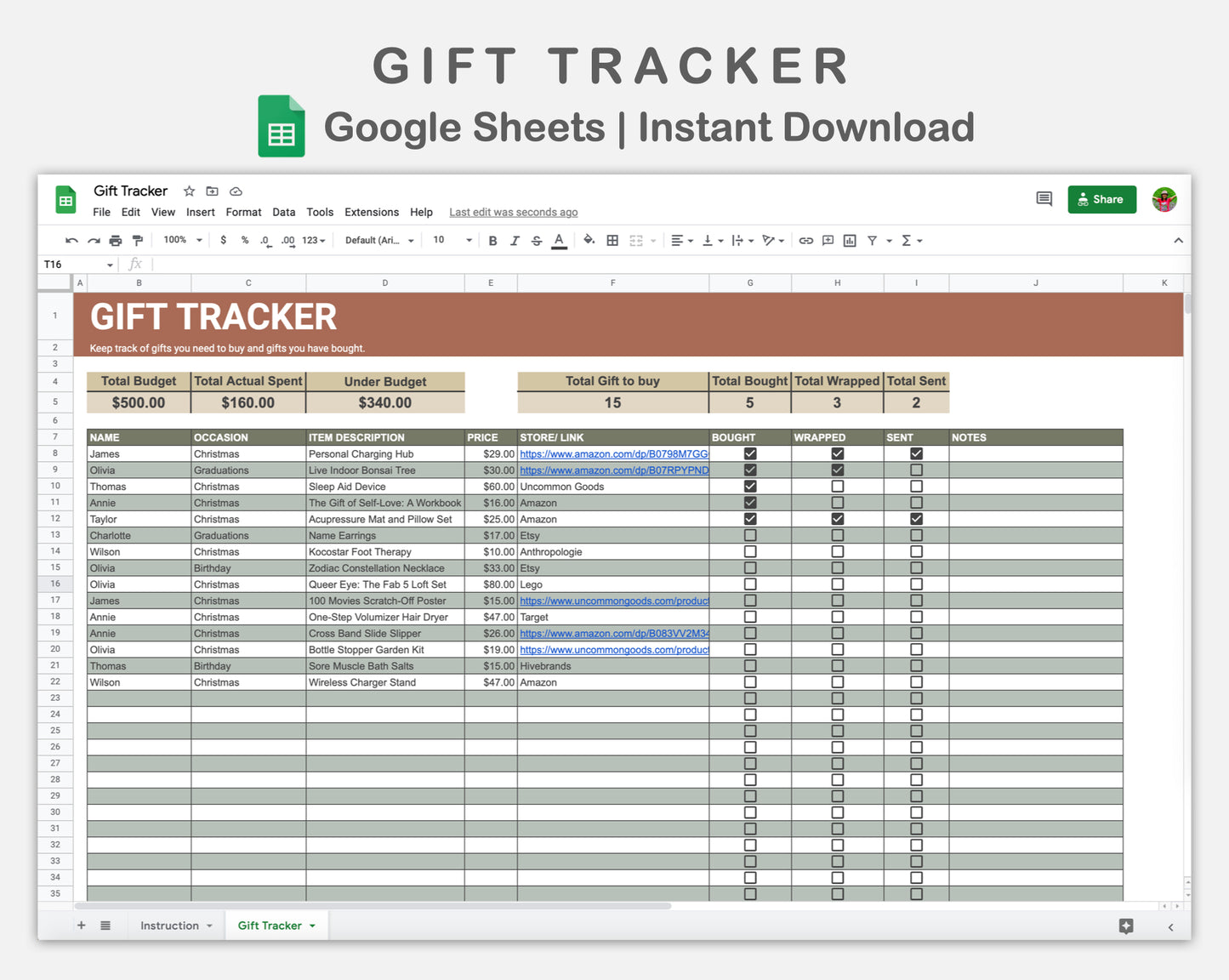 Google Sheets - Gift Tracker - Earthy