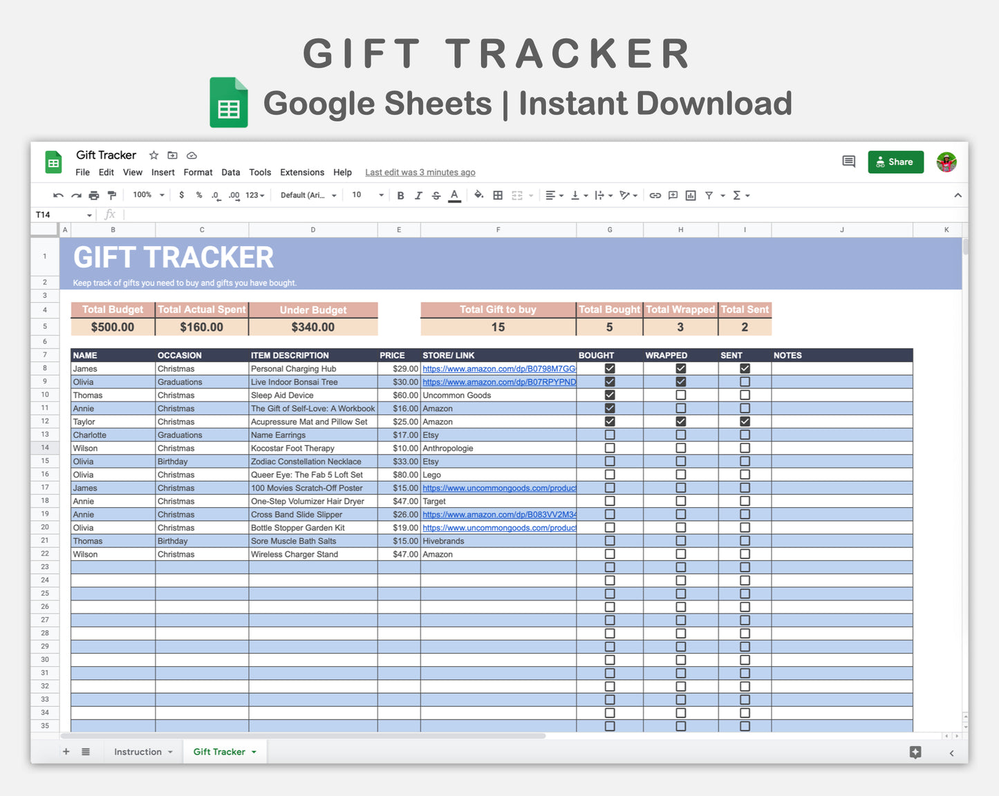 Google Sheets - Gift Tracker - Sweet