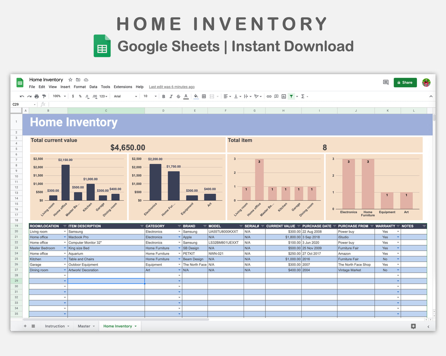 Google Sheets - Home Inventory - Sweet