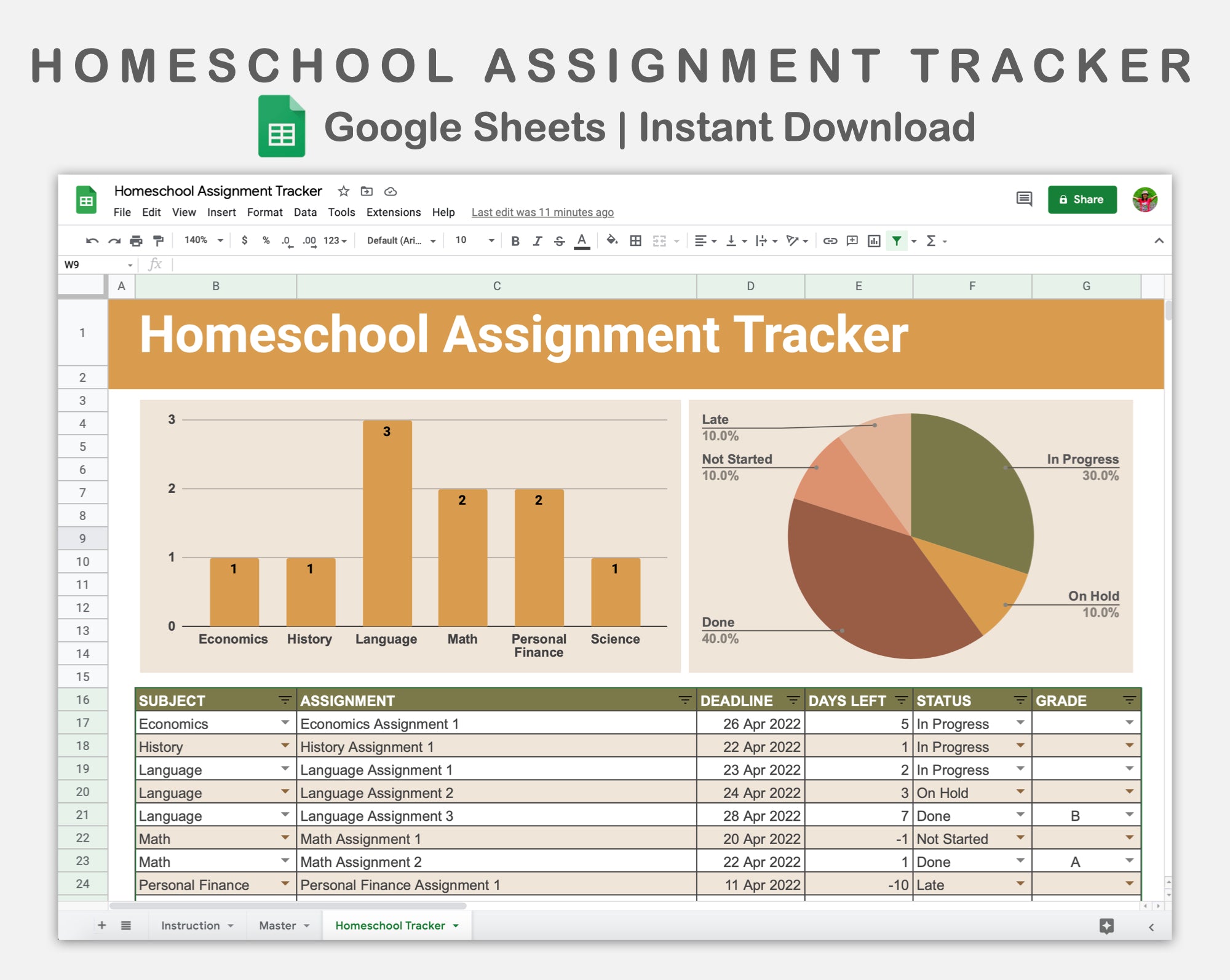 Homework Spreadsheet Google Sheets - Homeschool Assignment Tracker - Boho – kjunstudio