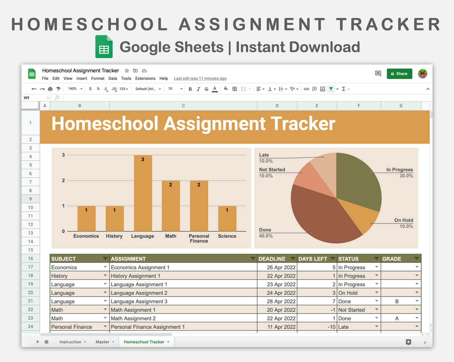 Google Sheets - Homeschool Assignment Tracker - Boho