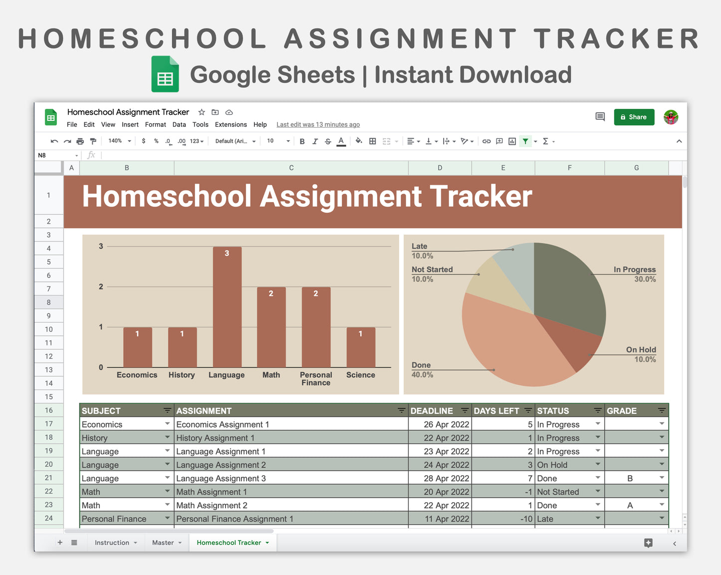 Google Sheets - Homeschool Assignment Tracker - Earthy