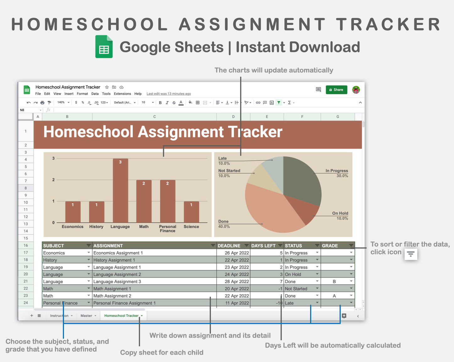Google Sheets - Homeschool Assignment Tracker - Earthy