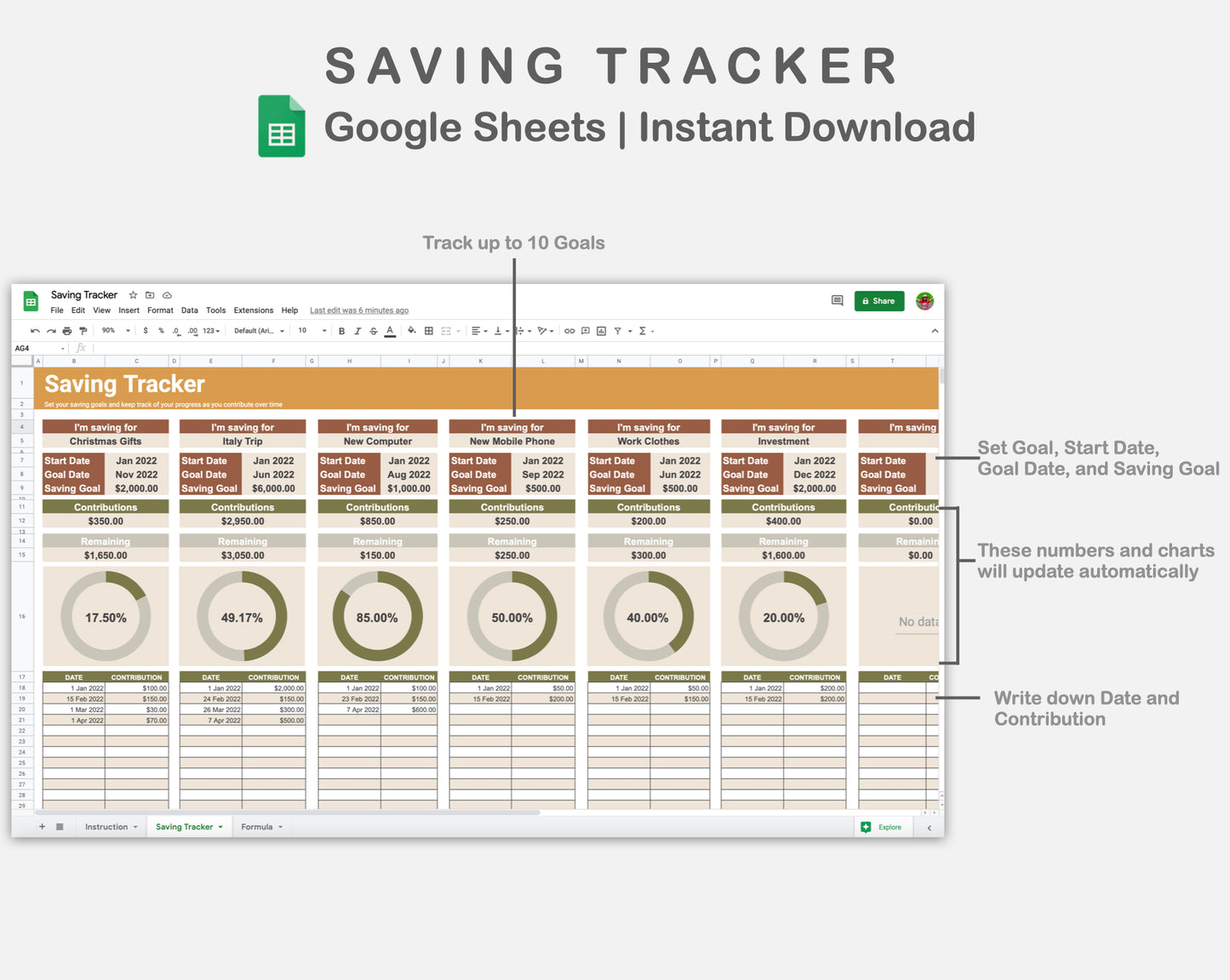 Google Sheets - Savings Tracker - Boho