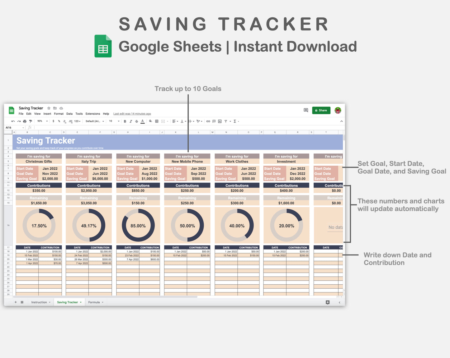 Google Sheets - Savings Tracker - Sweet