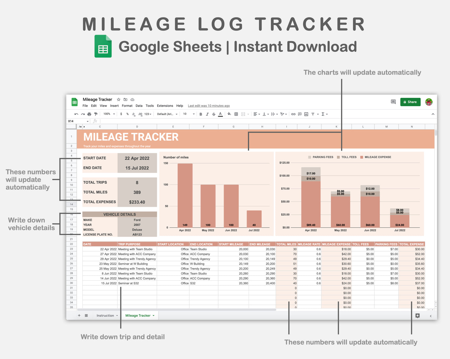 Google Sheets - Mileage Log Tracker - Neutral