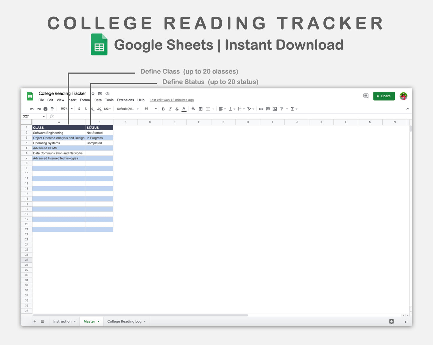 Google Sheets - College Reading Tracker - Sweet