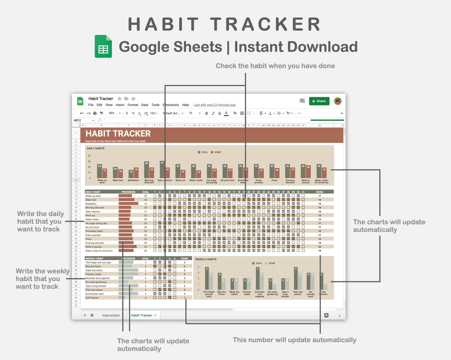 Google Sheets - Habit Tracker - Earthy