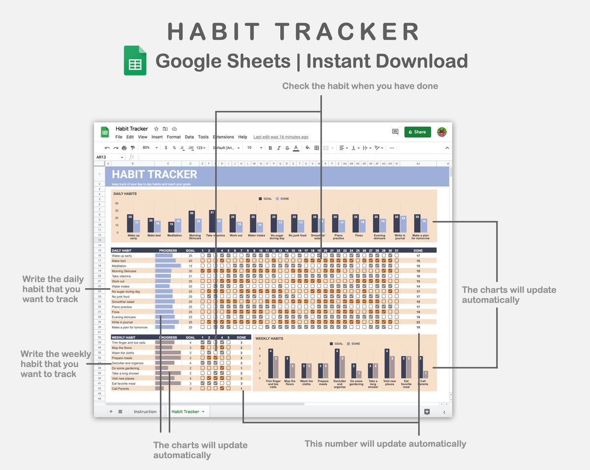 Google Sheets - Habit Tracker - Sweet – kjunstudio