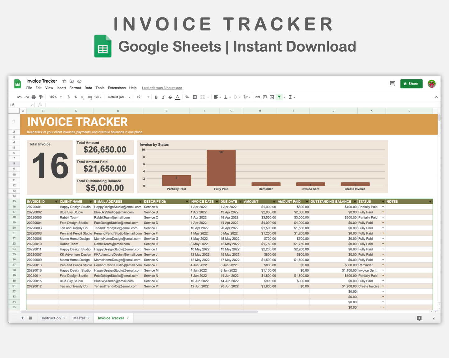 Google Sheets - Invoice Tracker - Boho
