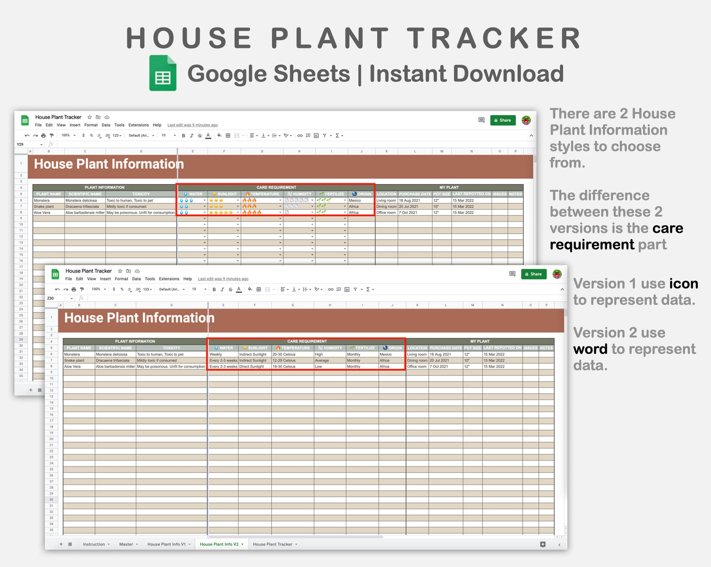 Google Sheets - House Plant Tracker - Earthy
