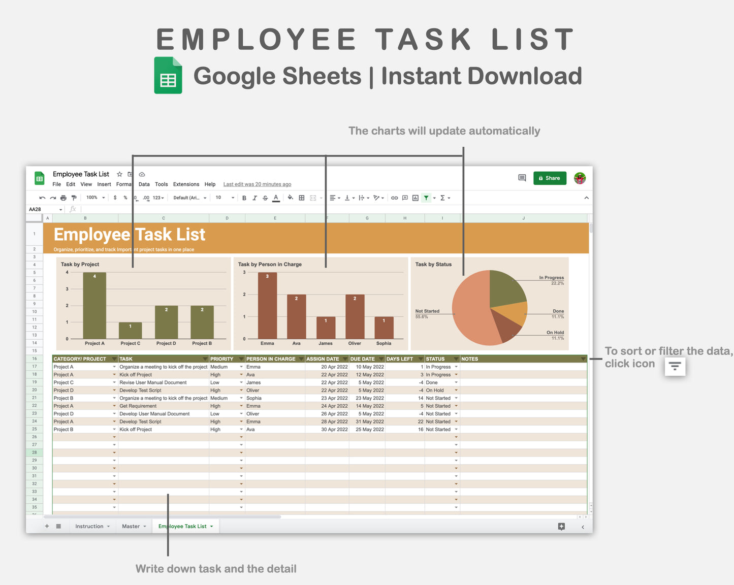 Google Sheets - Employee Task List  - Boho