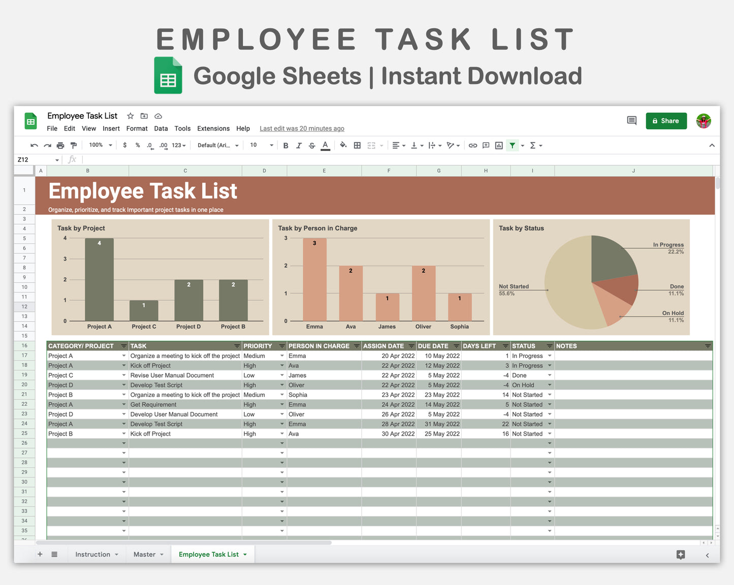 Google Sheets - Employee Task List  - Earthy