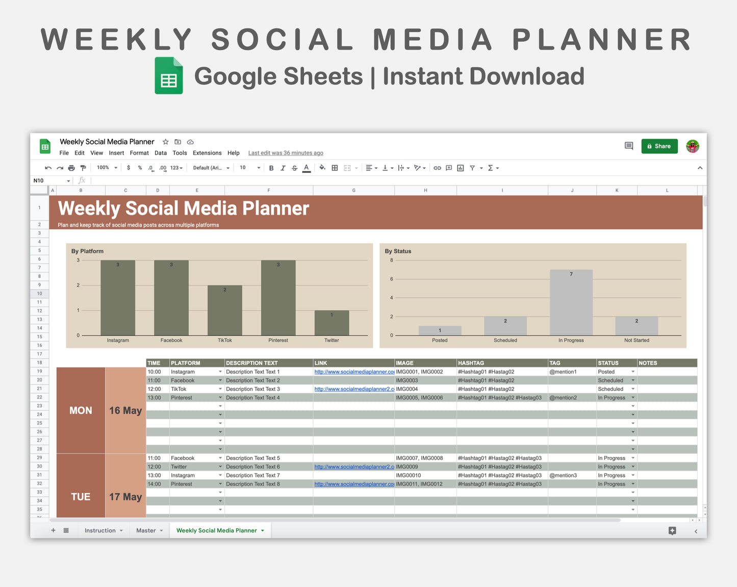 Google Sheets - Weekly Social Media Planner  - Earthy