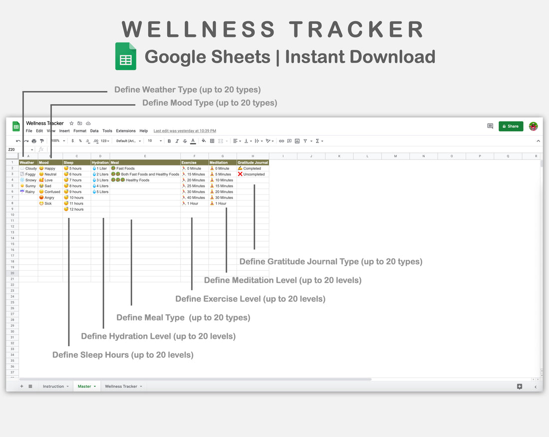 Google Sheets - Wellness Tracker - Boho – kjunstudio