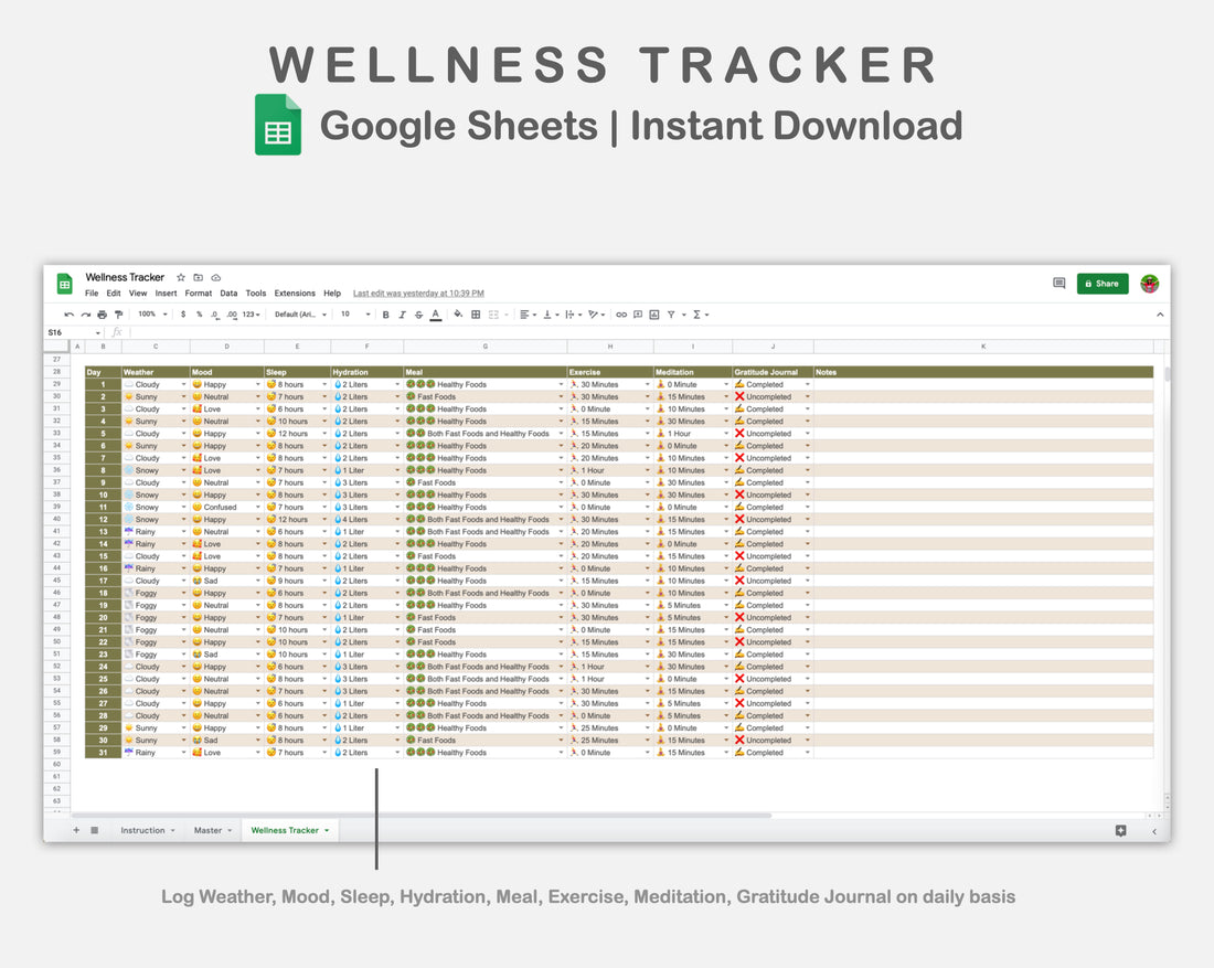 Google Sheets - Wellness Tracker - Boho – kjunstudio