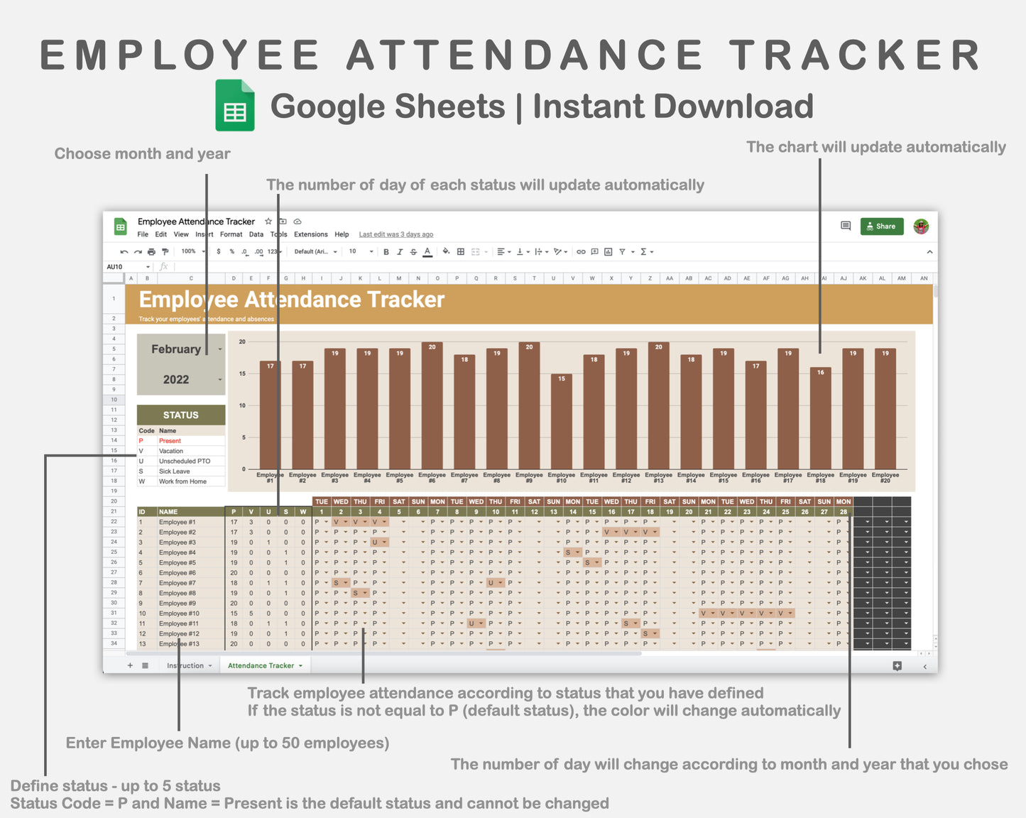Google Sheets - Employee Attendance Tracker - Boho