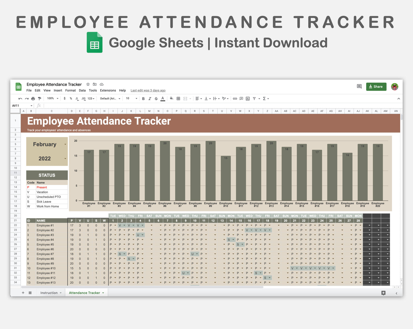 Google Sheets - Employee Attendance Tracker - Earthy