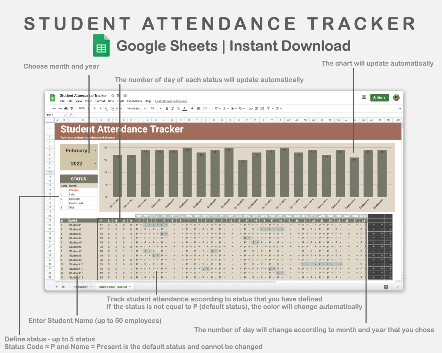 Google Sheets - Student Attendance Tracker - Earthy
