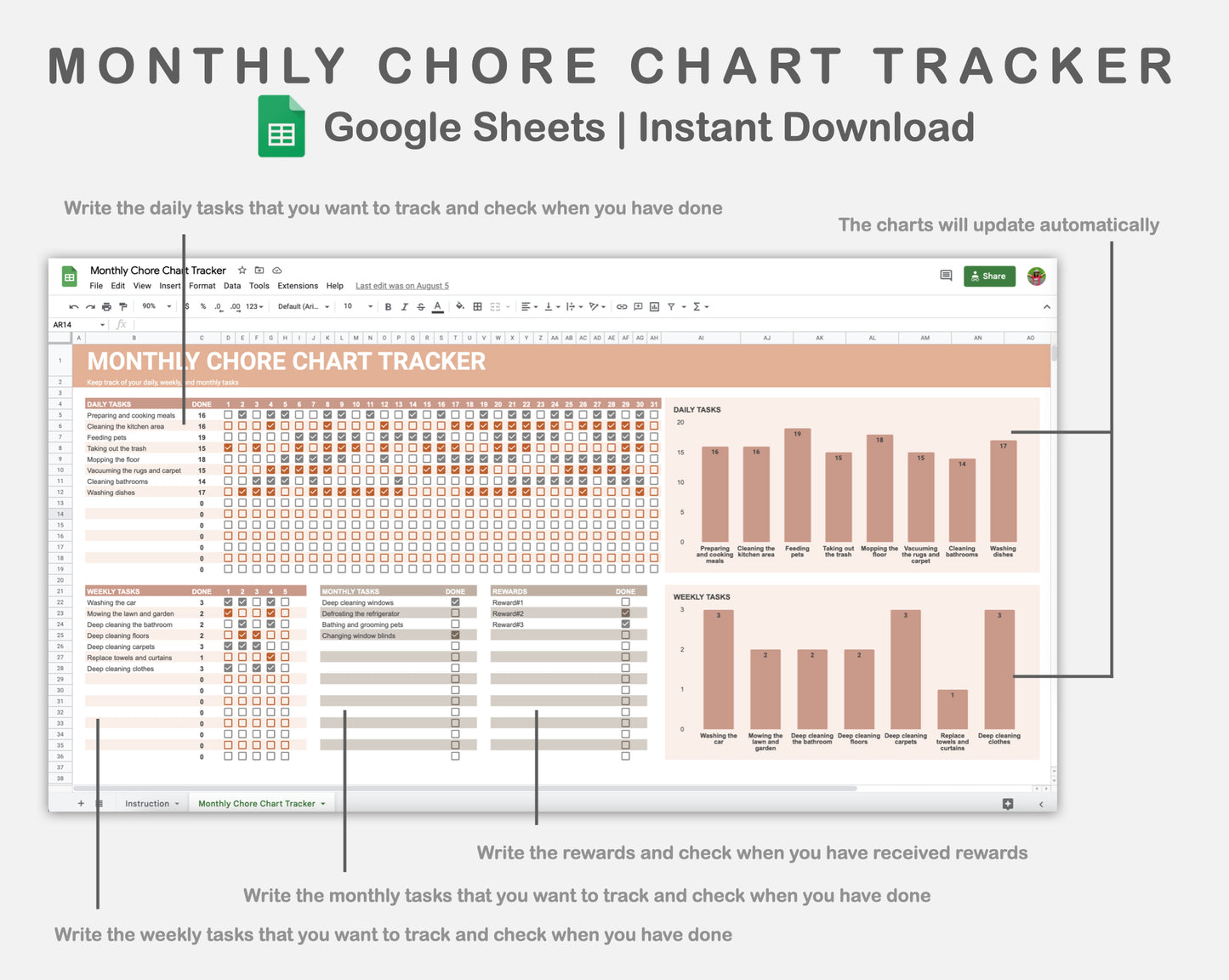 Google Sheets - Monthly Chore Chart Tracker - Neutral