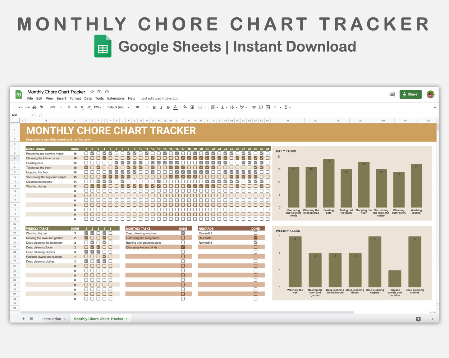 Google Sheets - Monthly Chore Chart Tracker - Boho