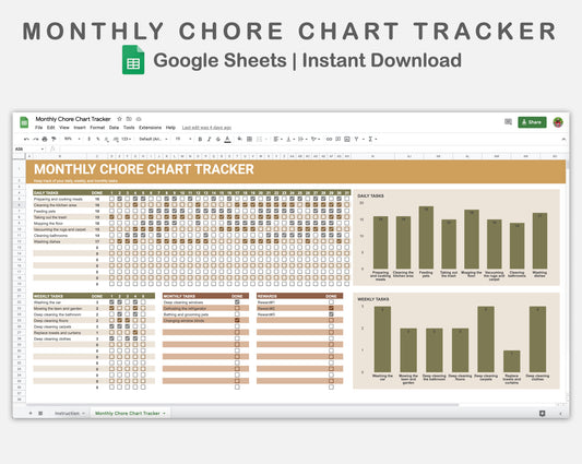 Google Sheets - Monthly Chore Chart Tracker - Boho