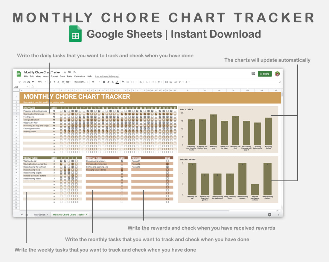 Google Sheets - Monthly Chore Chart Tracker - Boho – kjunstudio
