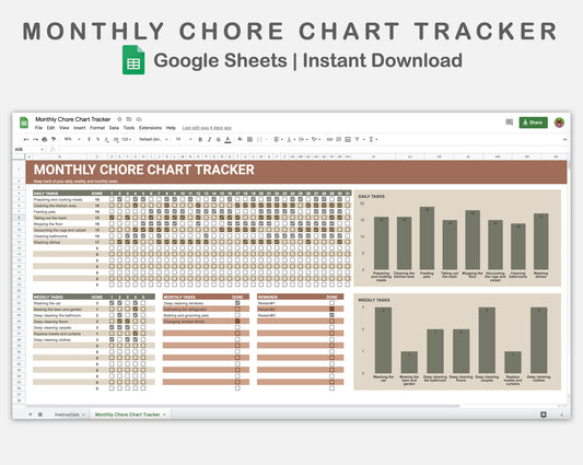 Google Sheets - Monthly Chore Chart Tracker - Earthy