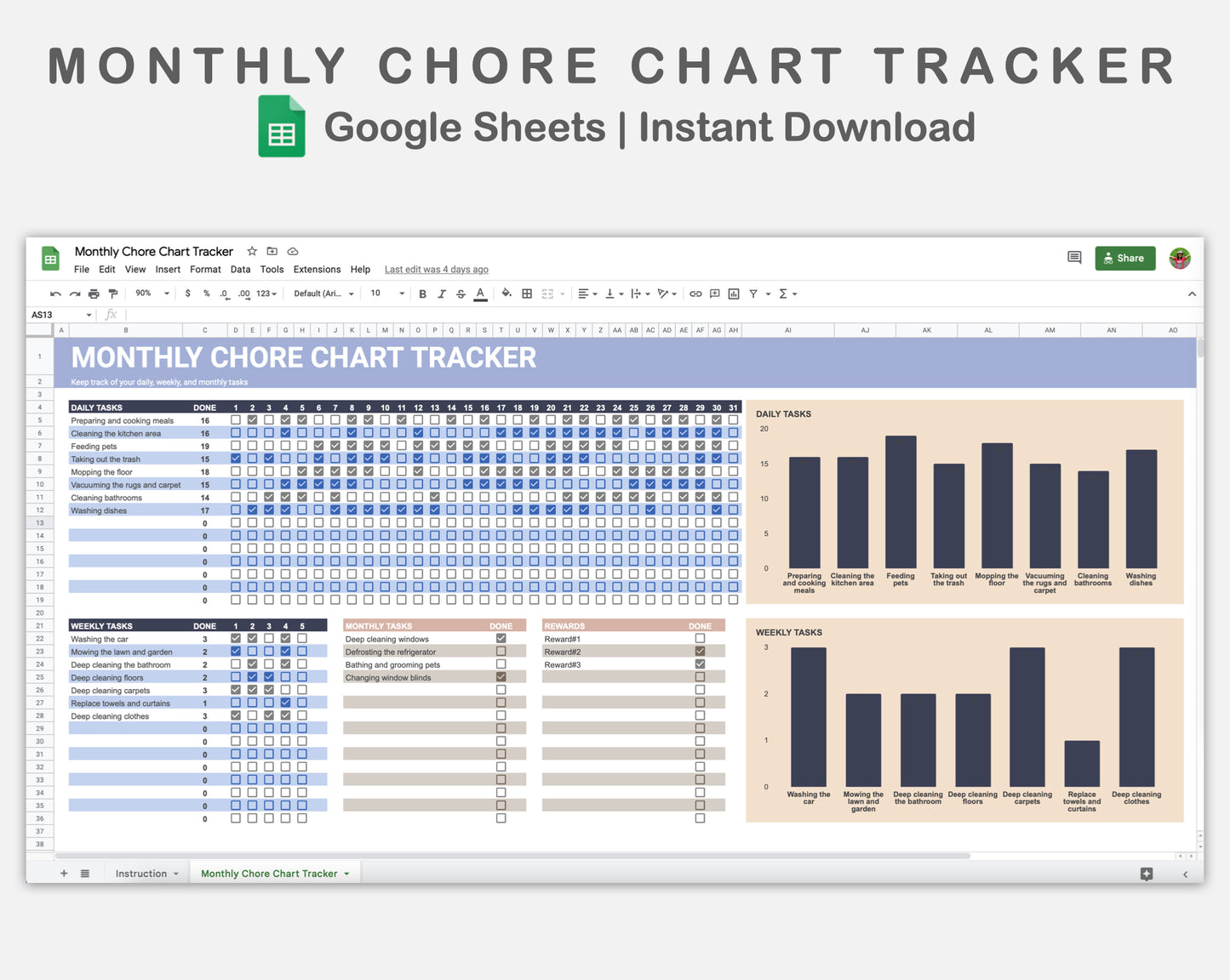 Google Sheets - Monthly Chore Chart Tracker - Sweet