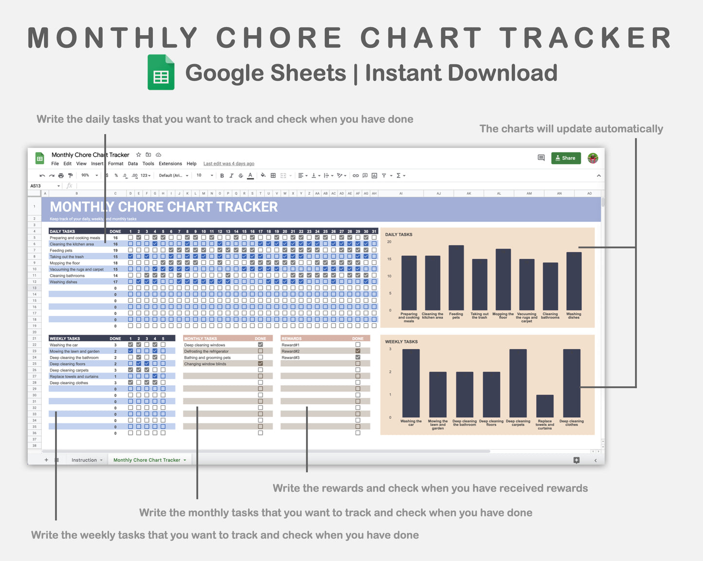 Google Sheets - Monthly Chore Chart Tracker - Sweet