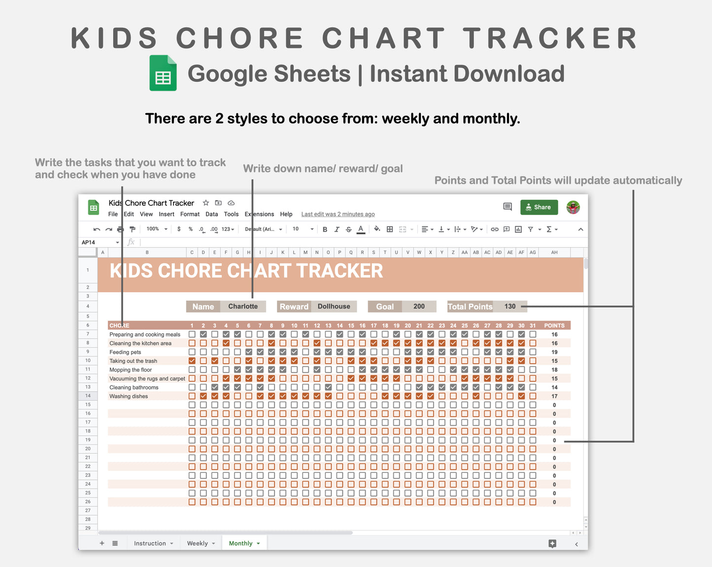 Google Sheets - Kids Chore Chart Tracker - Neutral