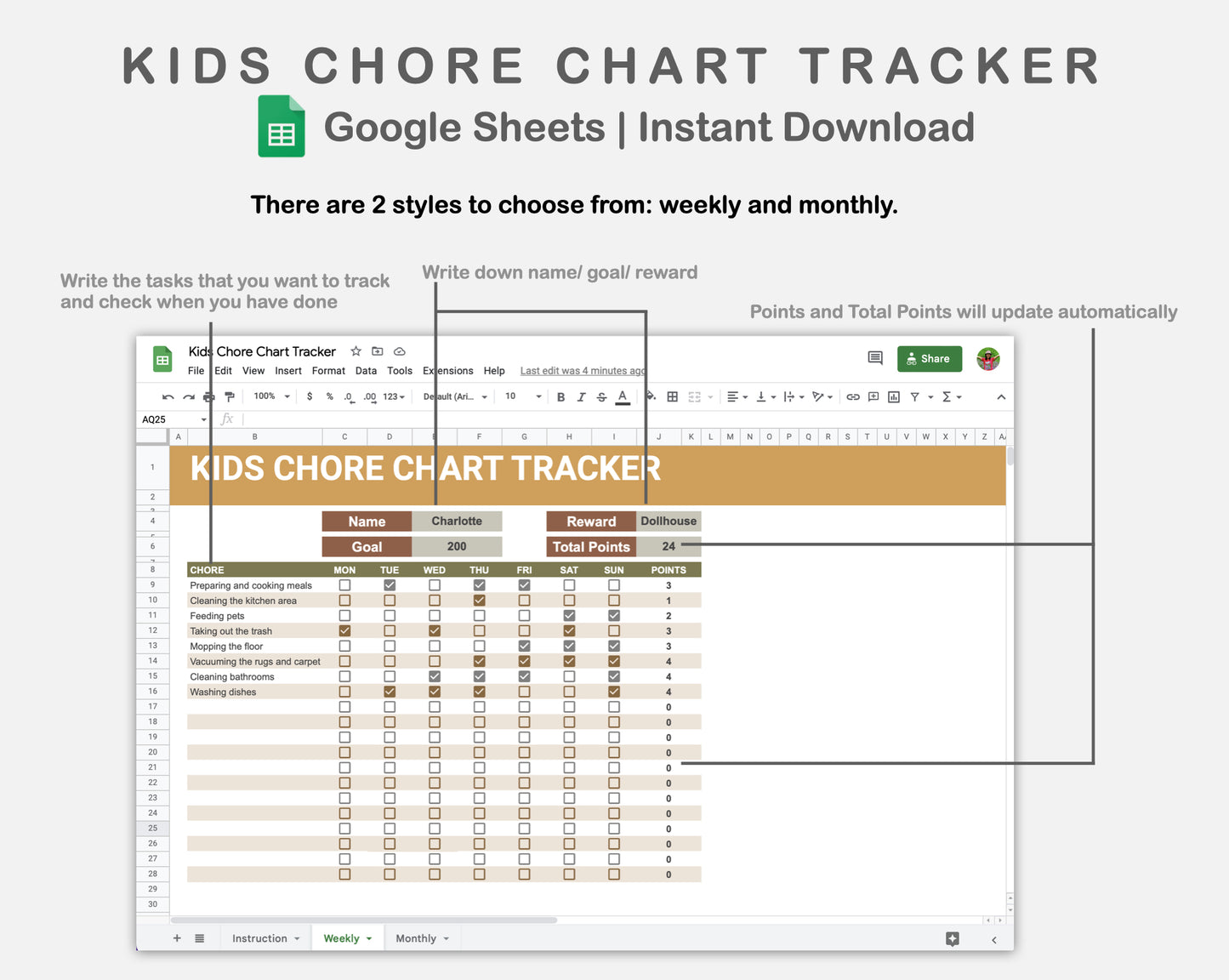 Google Sheets - Kids Chore Chart Tracker - Boho