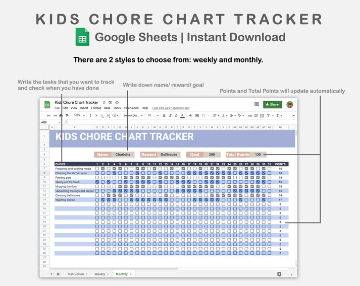 Google Sheets - Kids Chore Chart Tracker - Sweet – kjunstudio
