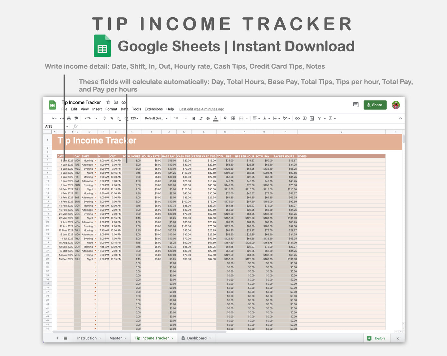Google Sheets - Tip Income Tracker - Neutral