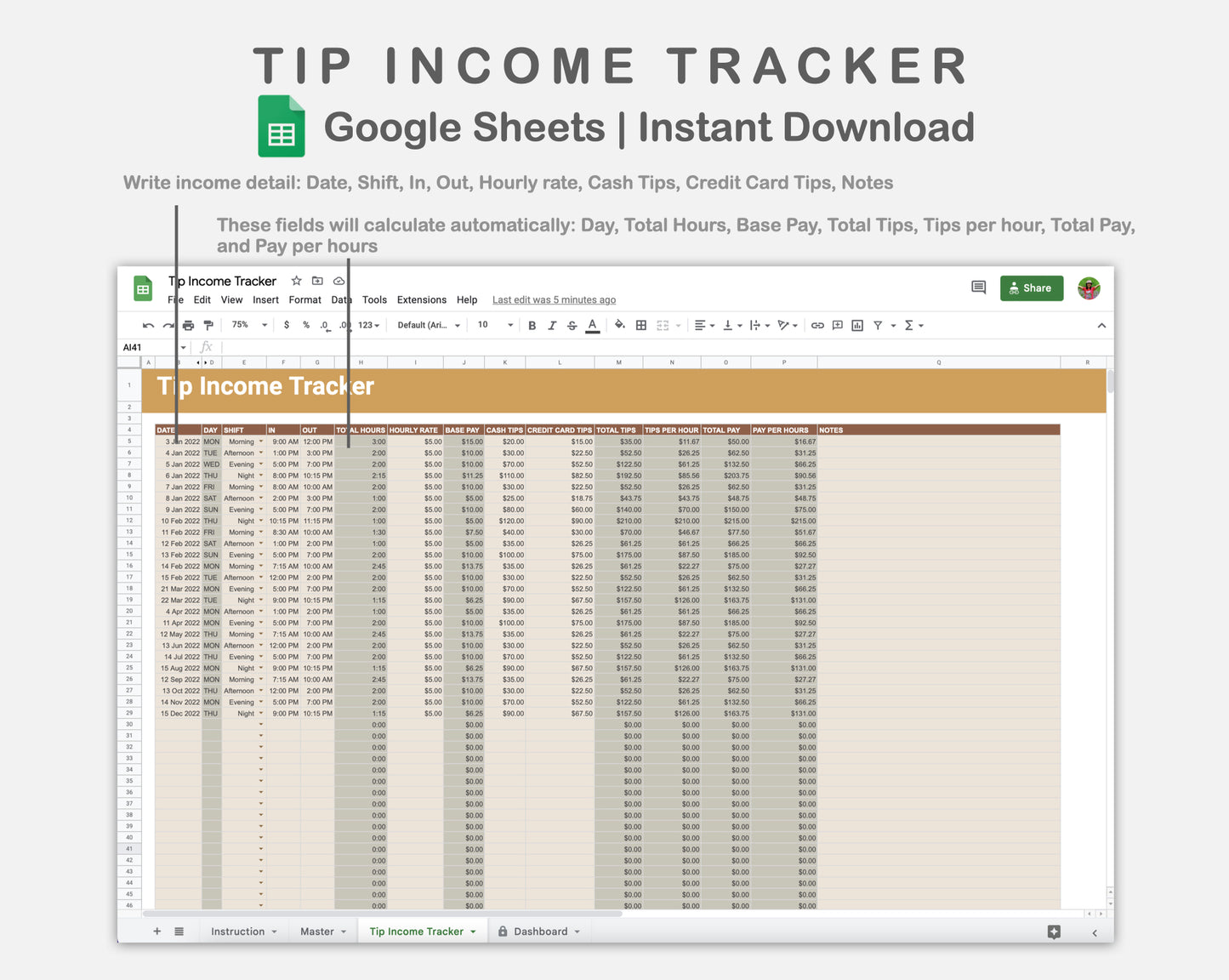 Google Sheets - Tip Income Tracker - Boho