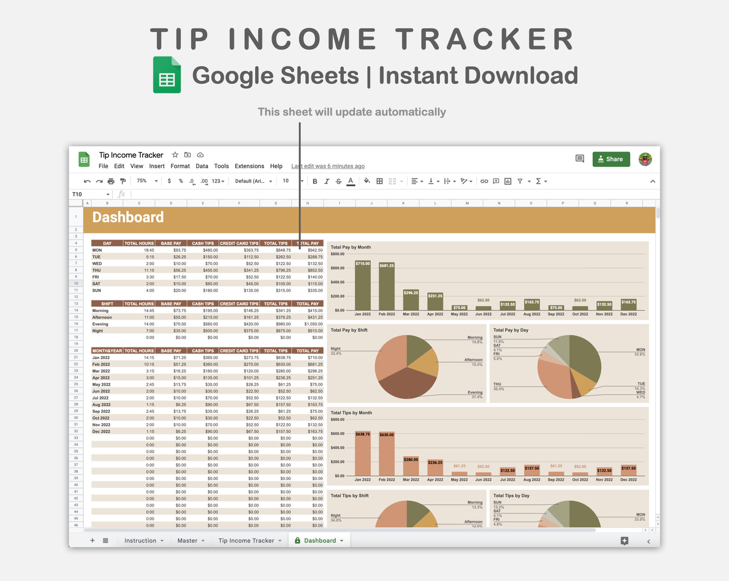 Google Sheets - Tip Income Tracker - Boho