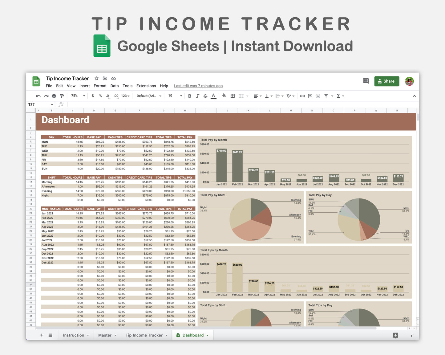 Google Sheets - Tip Income Tracker - Earthy