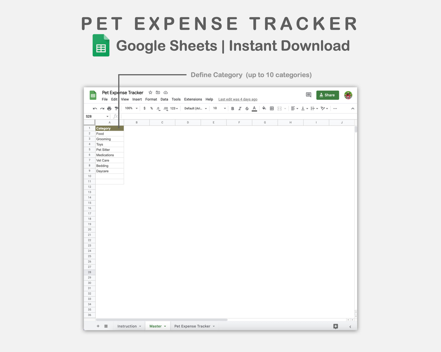 Google Sheets - Pet Expense Tracker - Boho