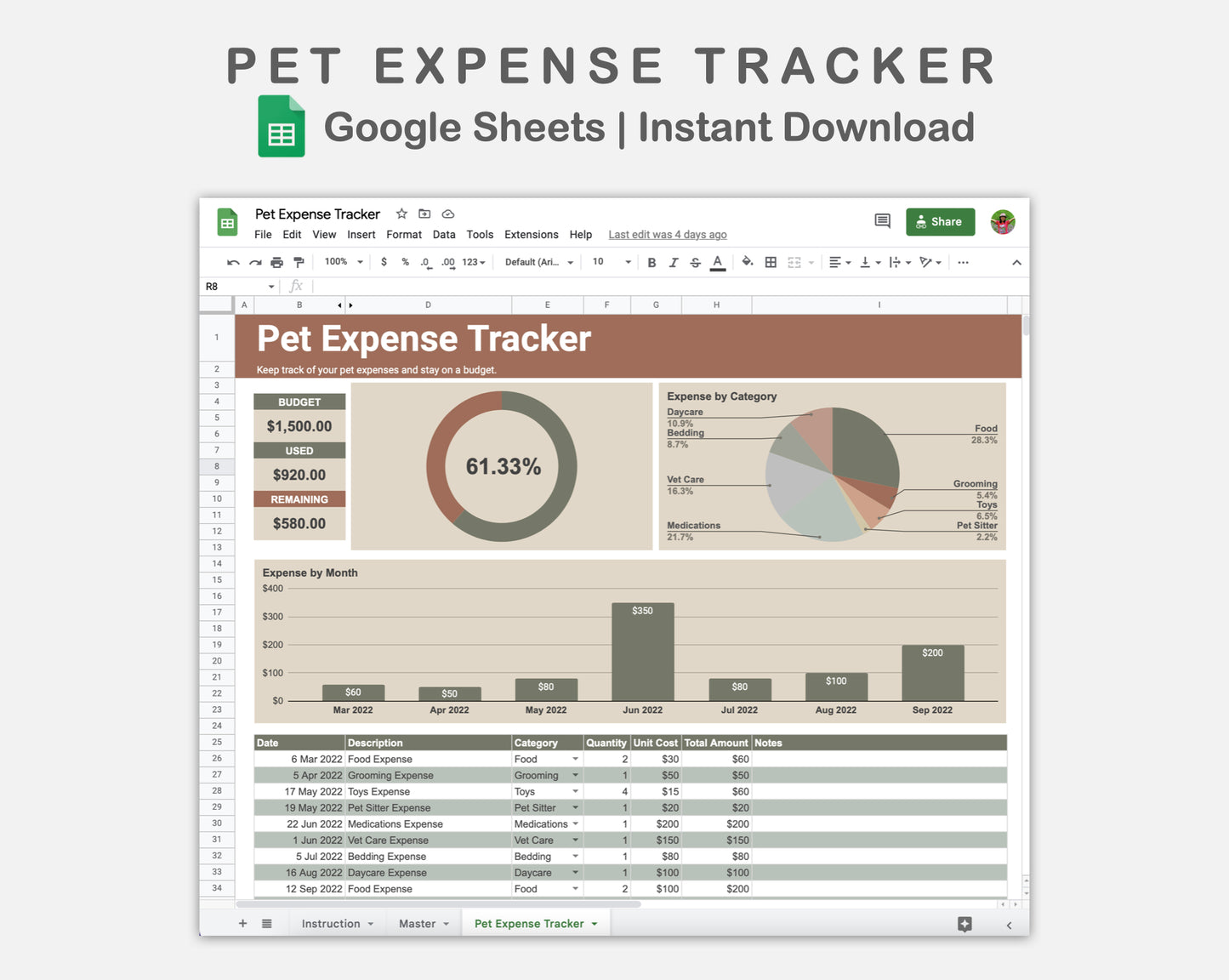 Google Sheets - Pet Expense Tracker - Earthy