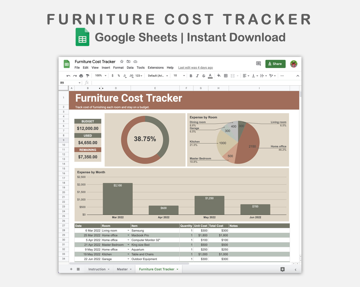 Google Sheets - Furniture Cost Tracker - Earthy