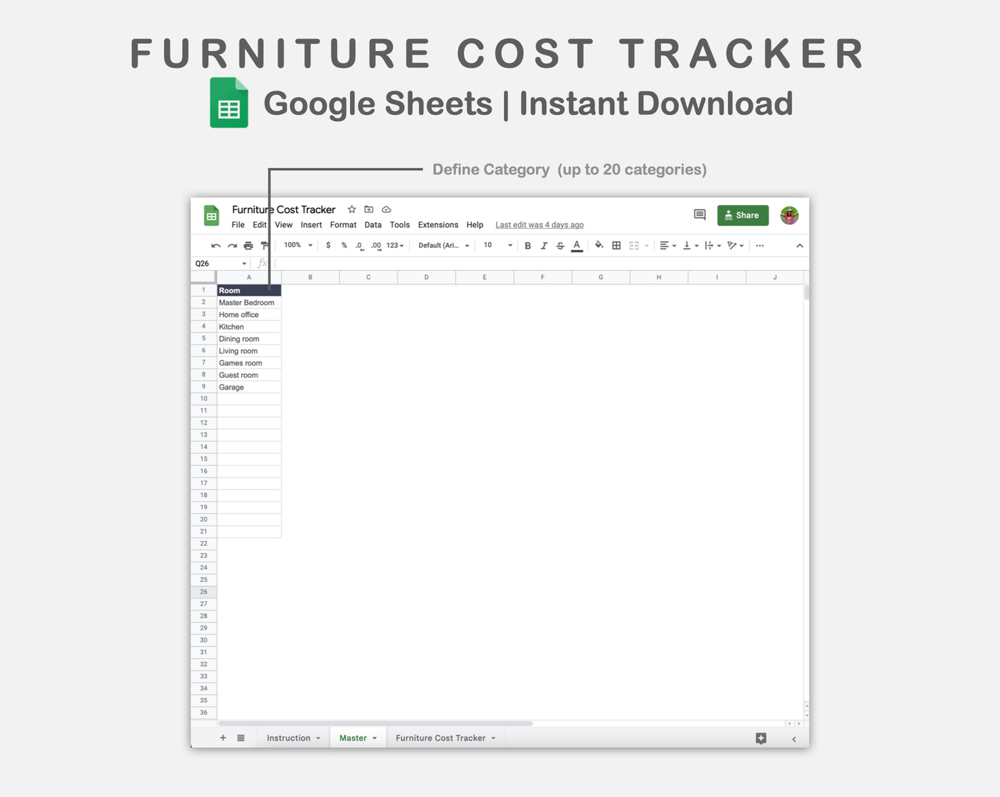 Google Sheets - Furniture Cost Tracker - Sweet