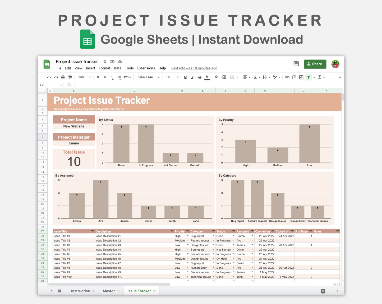 Google Sheets - Project Issue Tracker - Neutral