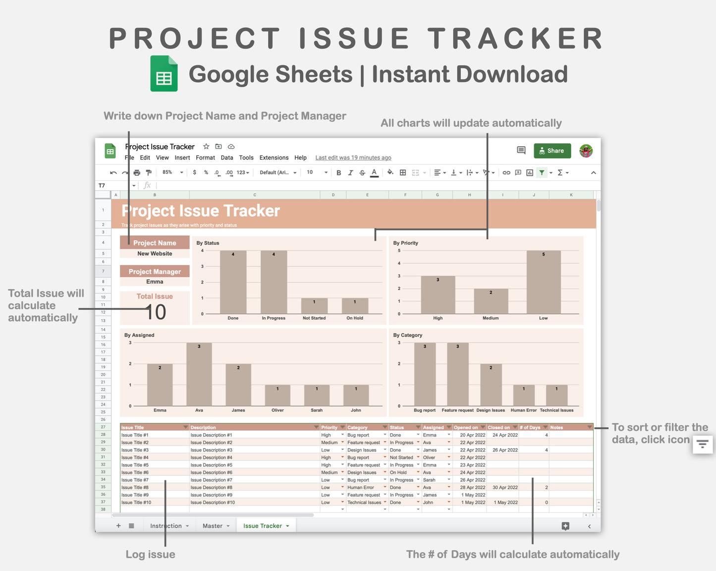 Google Sheets - Project Issue Tracker - Neutral